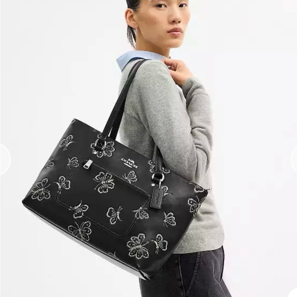 Coach Black Tote with Embroidered Floral Accents